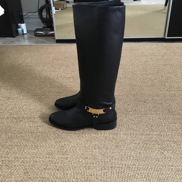 Zara Shoes Zara Tall Leather Riding Boots Black 9 Gold Buckle